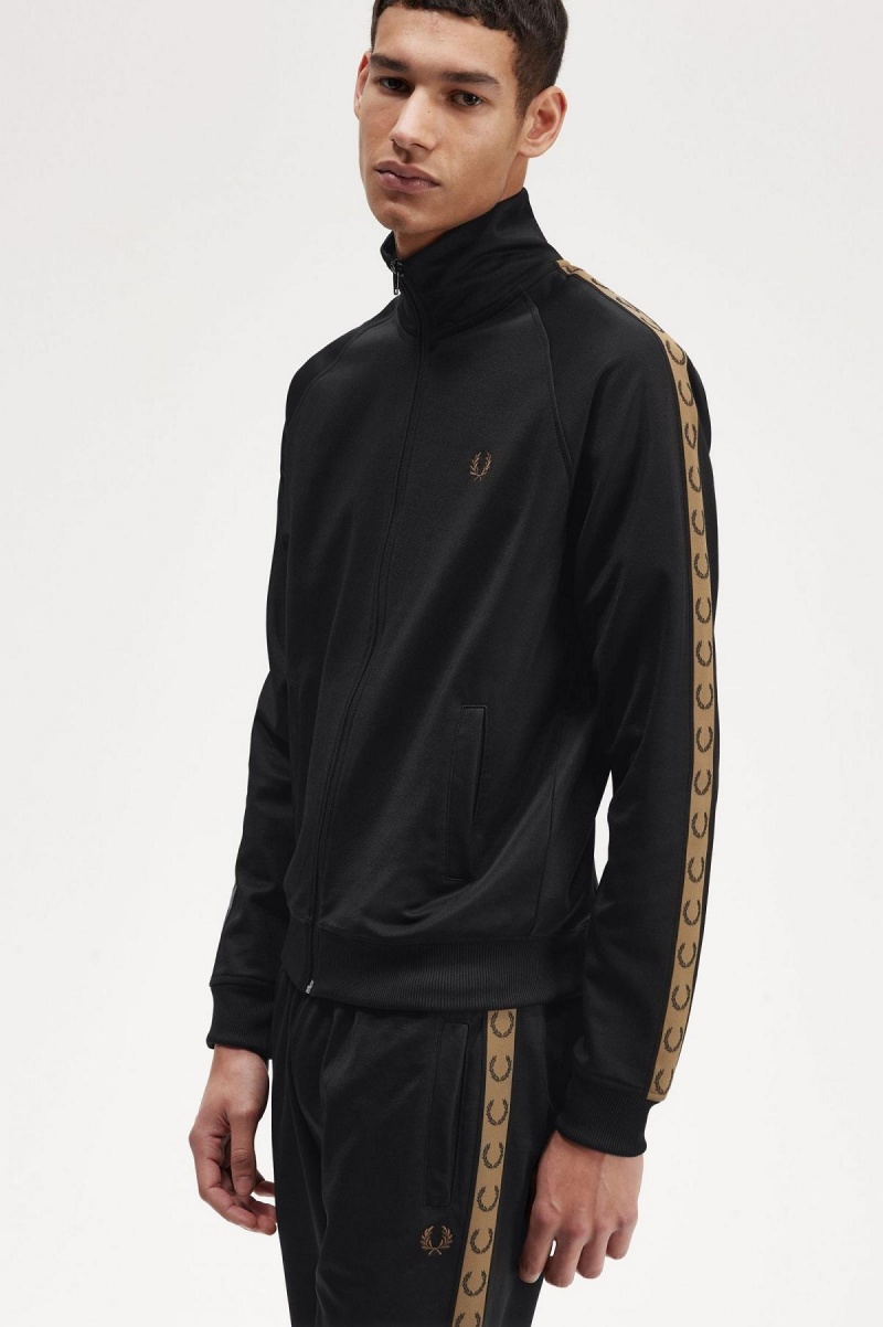 Black / Shaded Stone Fred Perry Contrast Tape Men's Track Jackets | CACVG92965