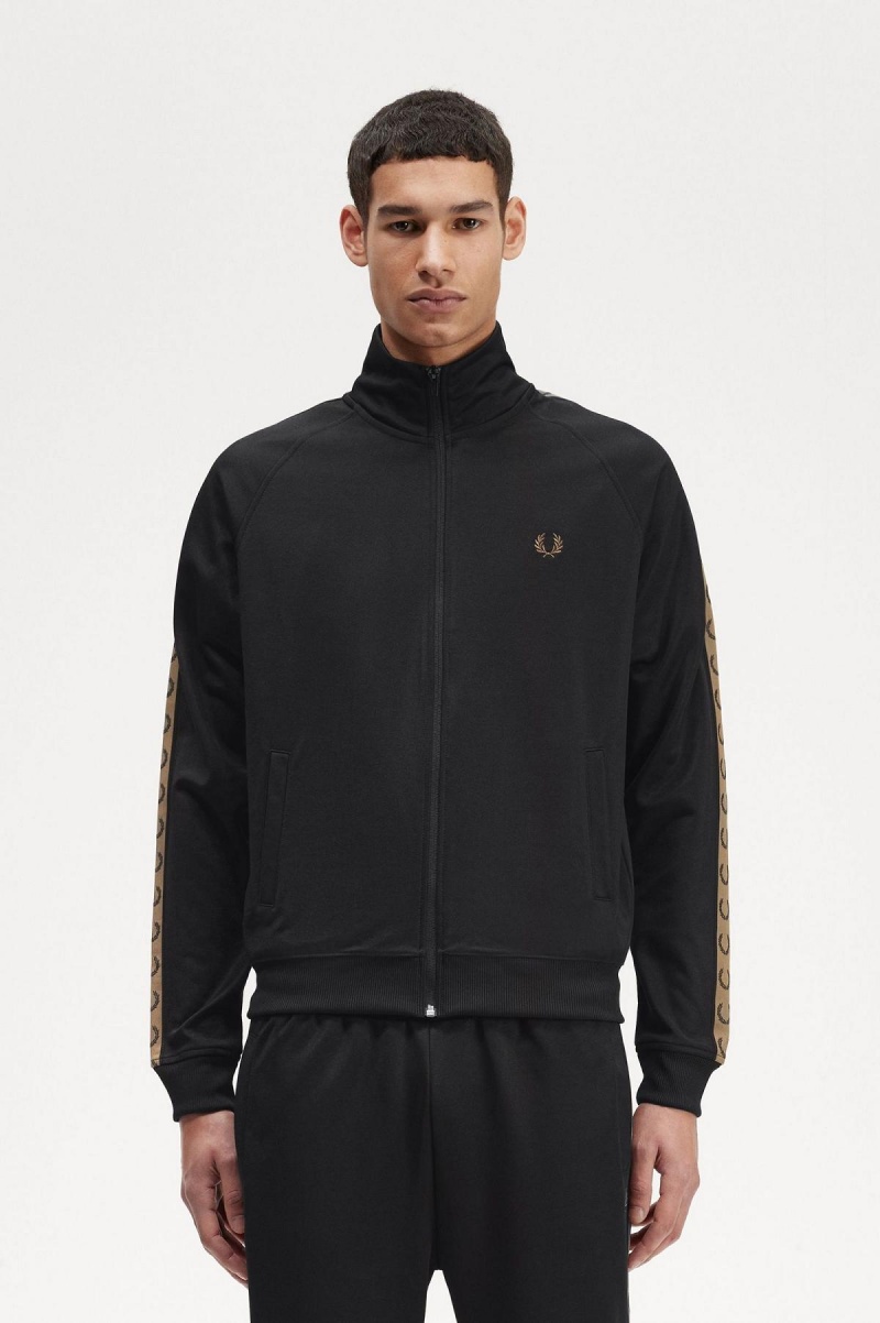 Black / Shaded Stone Fred Perry Contrast Tape Men\'s Track Jackets | CACVG92965