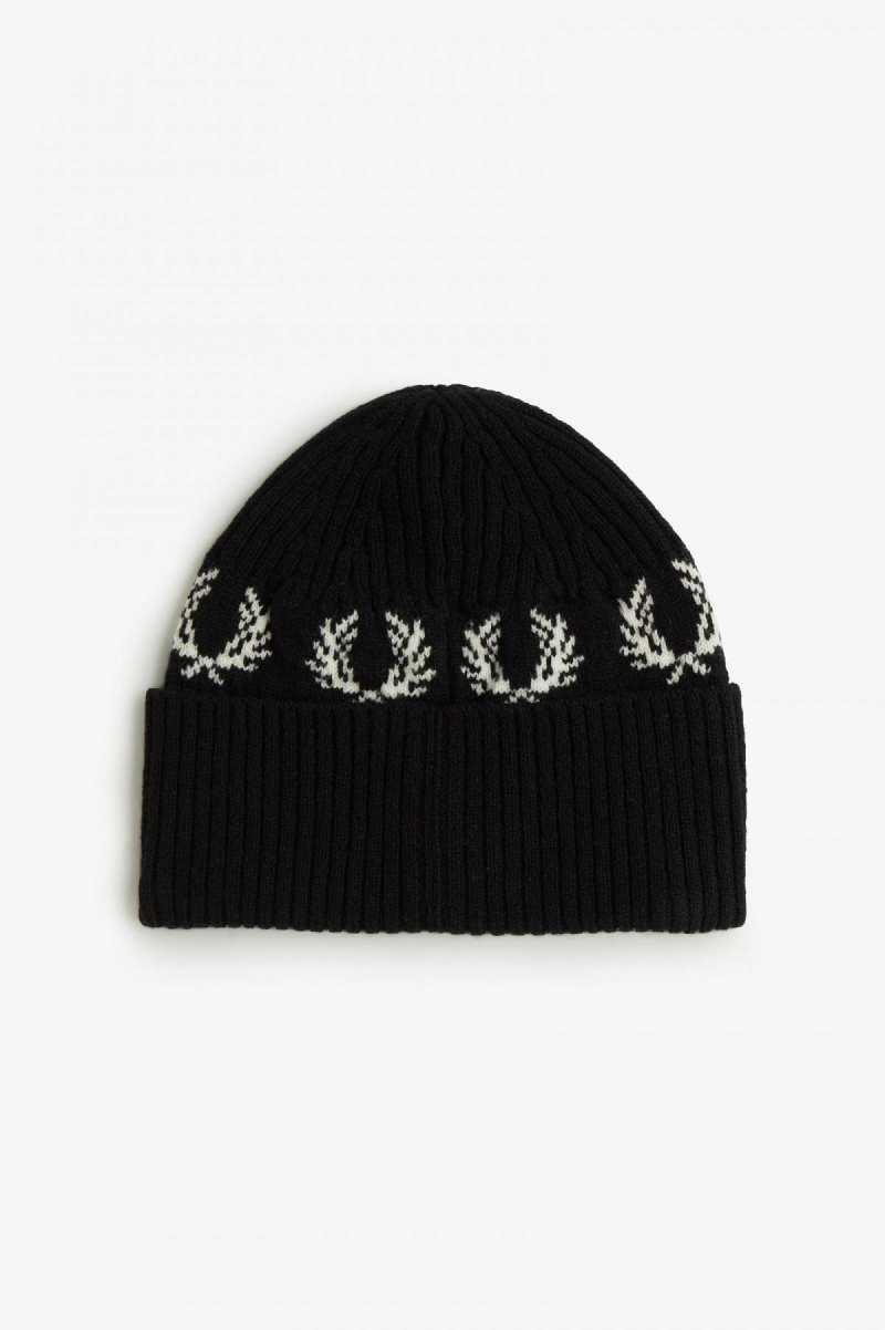 Black / Snow White Fred Perry Laurel Wreath Lambswool Accessories Beanie | TCAWZ72012