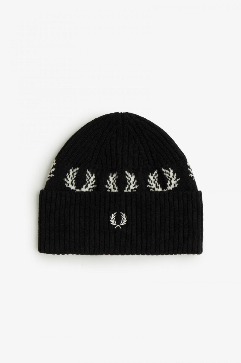 Black / Snow White Fred Perry Laurel Wreath Lambswool Accessories Beanie | TCAWZ72012