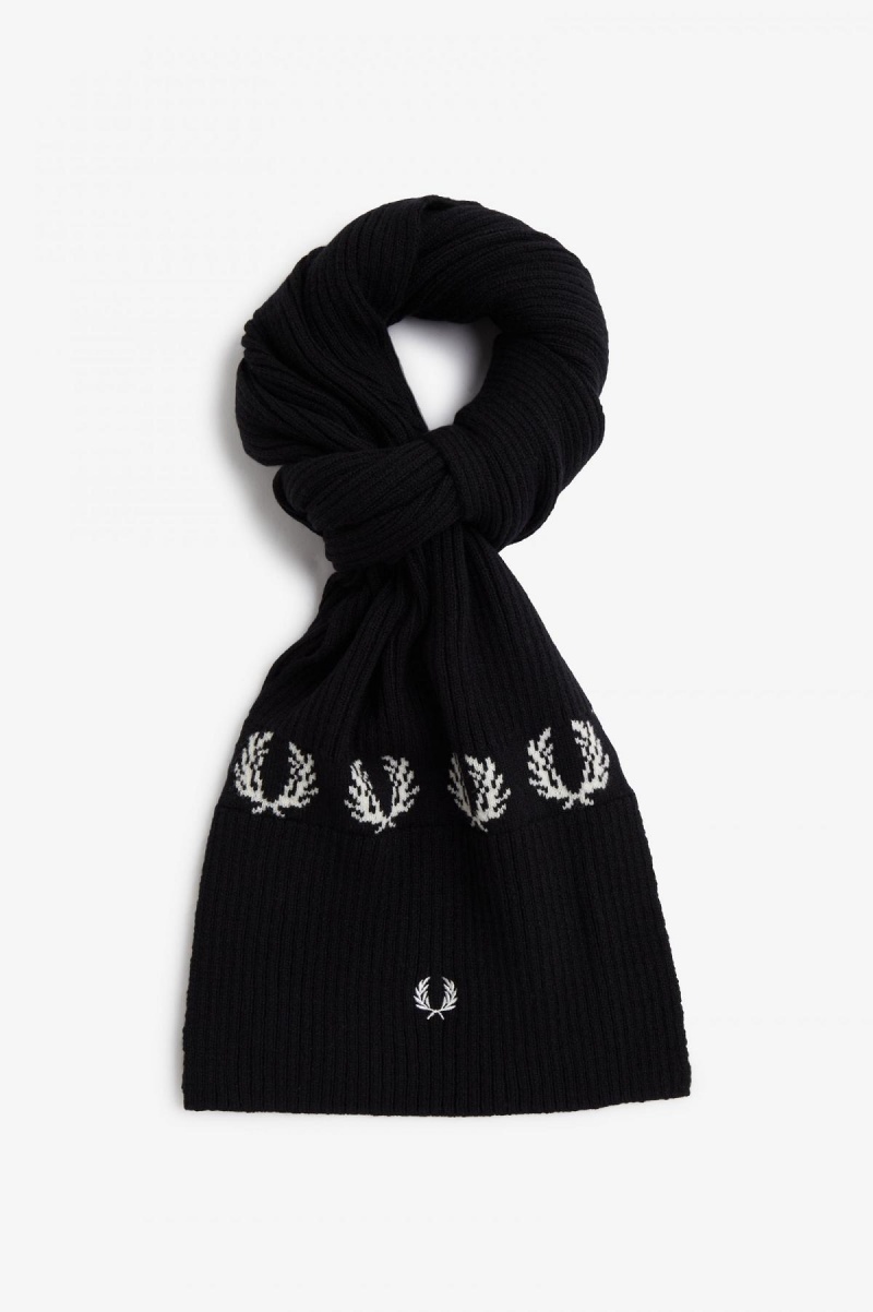 Black / Snow White Fred Perry Laurel Wreath Lambswool Accessories Scarf | TCAWZ66598