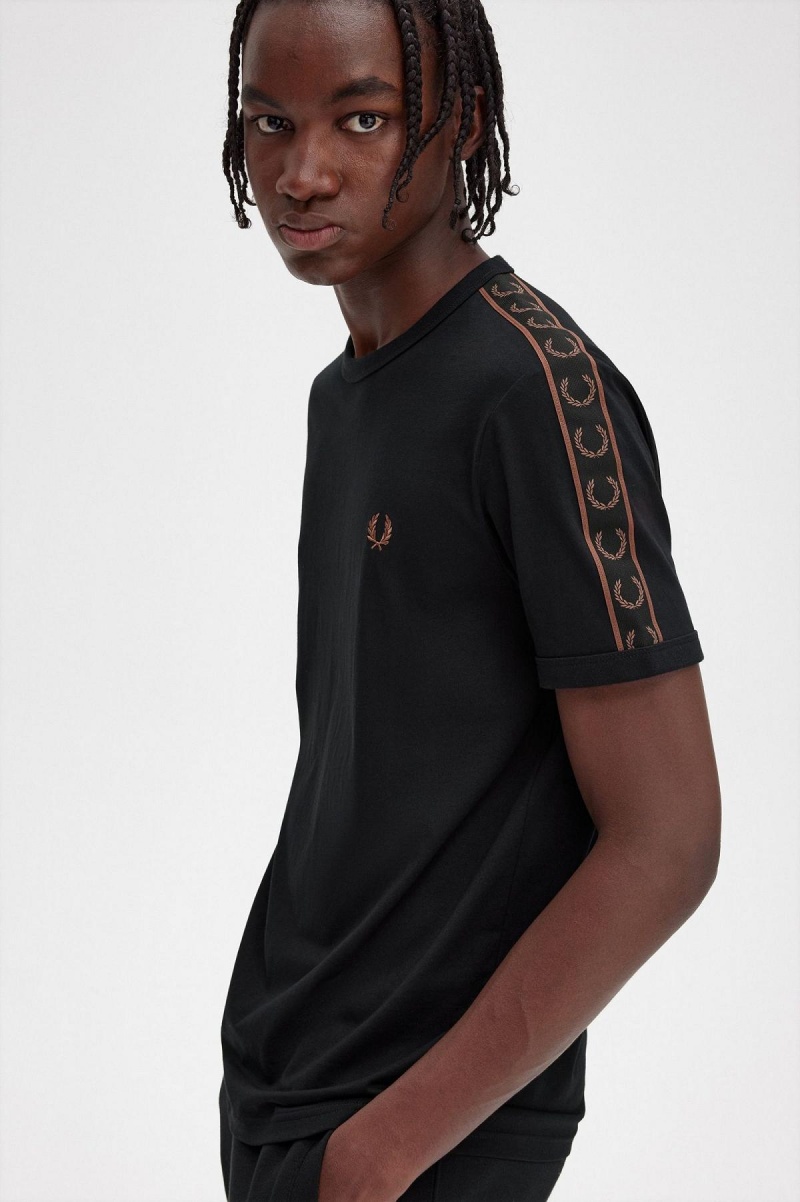 Black / Whisky Brown Fred Perry Contrast Tape Ringer Men's T Shirts | CAEAH84185