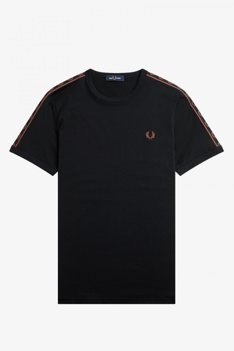 Black / Whisky Brown Fred Perry Contrast Tape Ringer Men's T Shirts | CAEAH84185