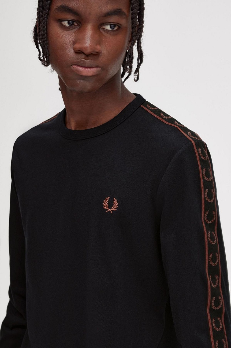 Black / Whisky Brown Fred Perry Taped Long Sleeve Men's T Shirts | DCAVO14155