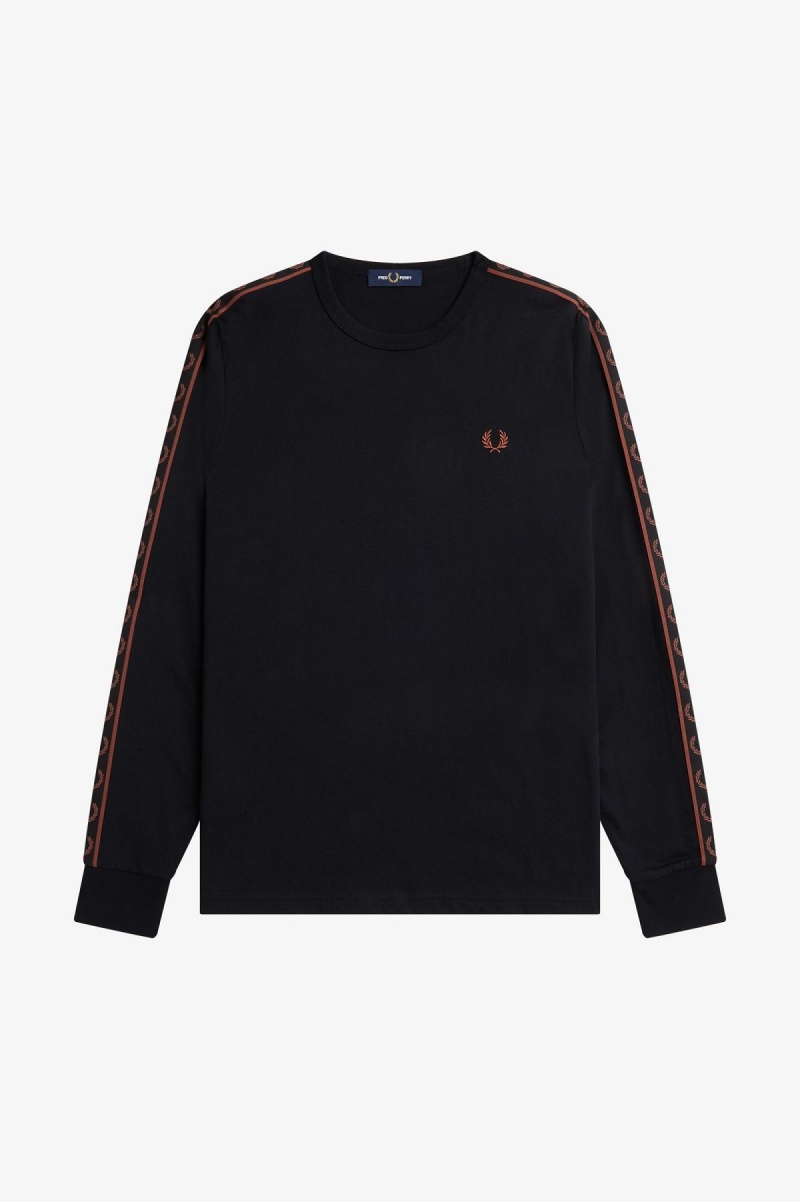 Black / Whisky Brown Fred Perry Taped Long Sleeve Men's T Shirts | DCAVO14155