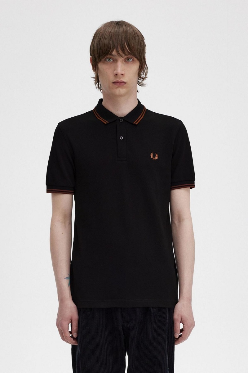 Black / Whisky Brown / Whisky Brown Fred Perry M3600 Men's Fred Perry Shirt | CACVG44823