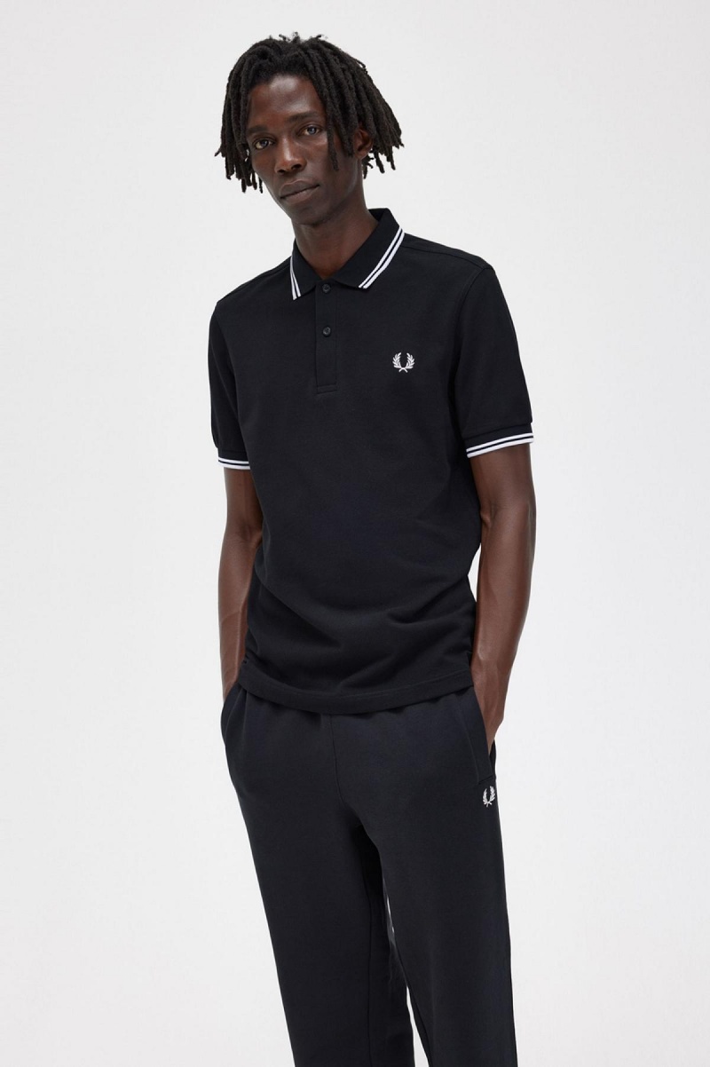 Black / White / White Fred Perry M3600 Men's Polo Shirts | FCAUI99508