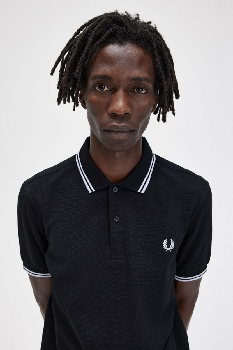 Black / White / White Fred Perry M3600 Men's Polo Shirts | FCAUI99508