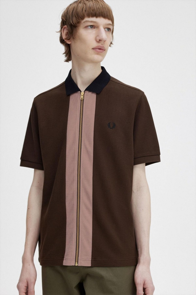 Burnt Tobacco Fred Perry Zip Through Polo Shirt Men's Polo Shirts | TCAPQ98420