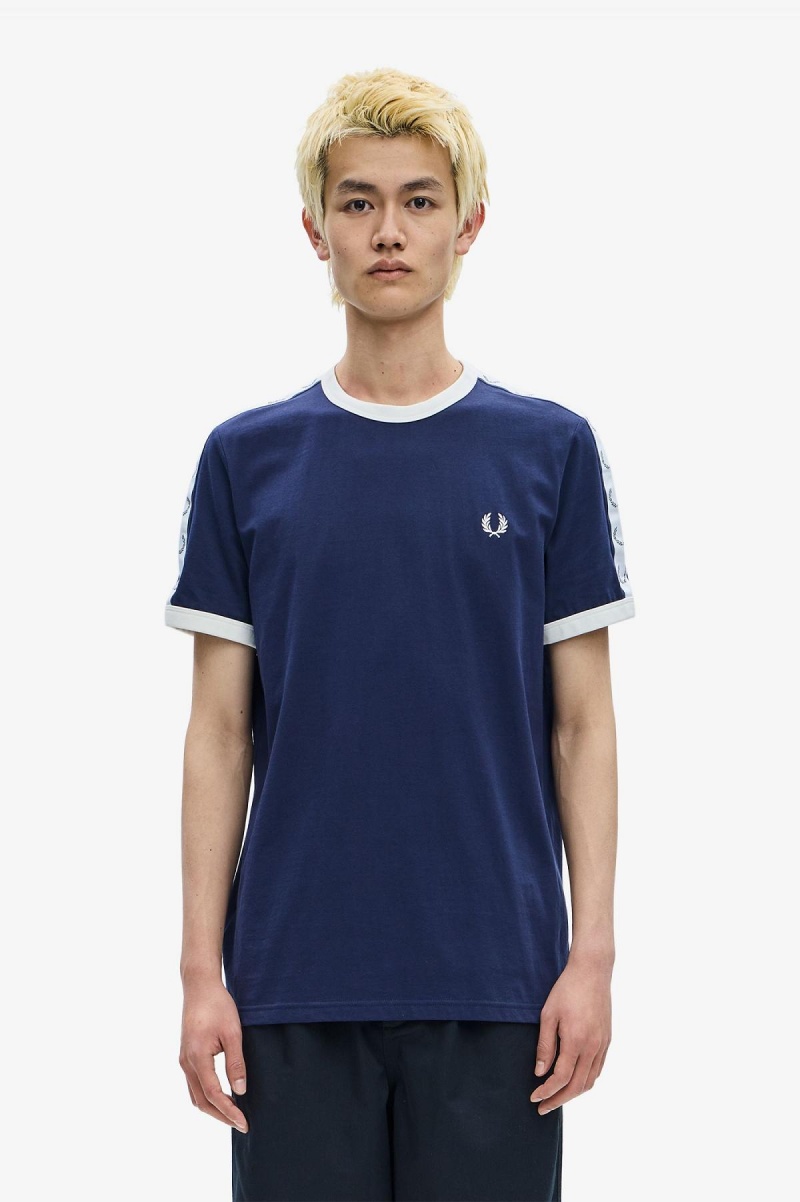 Carbon Blue Fred Perry Taped Ringer Men's T Shirts | CAQAV77508