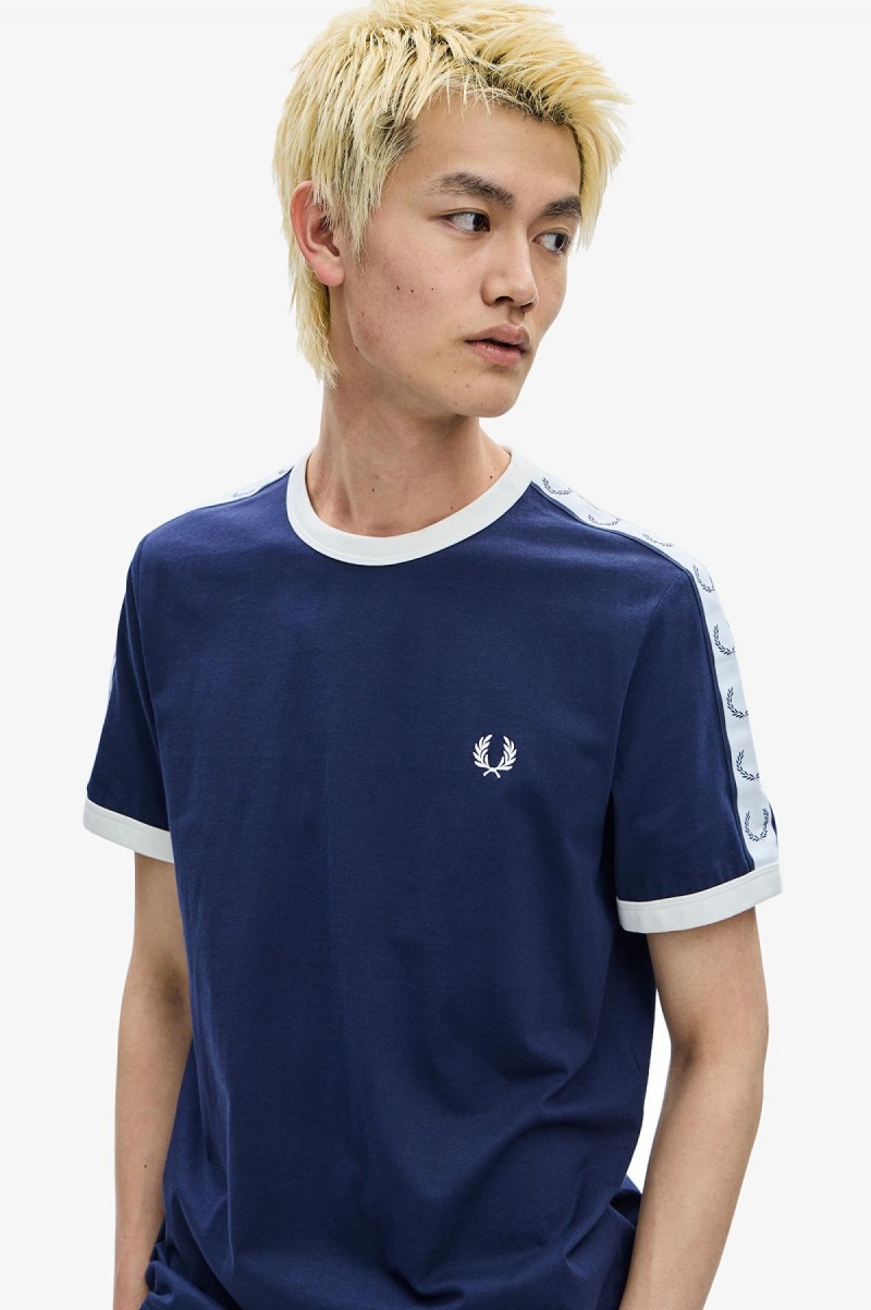 Carbon Blue Fred Perry Taped Ringer Men's T Shirts | CAQAV77508