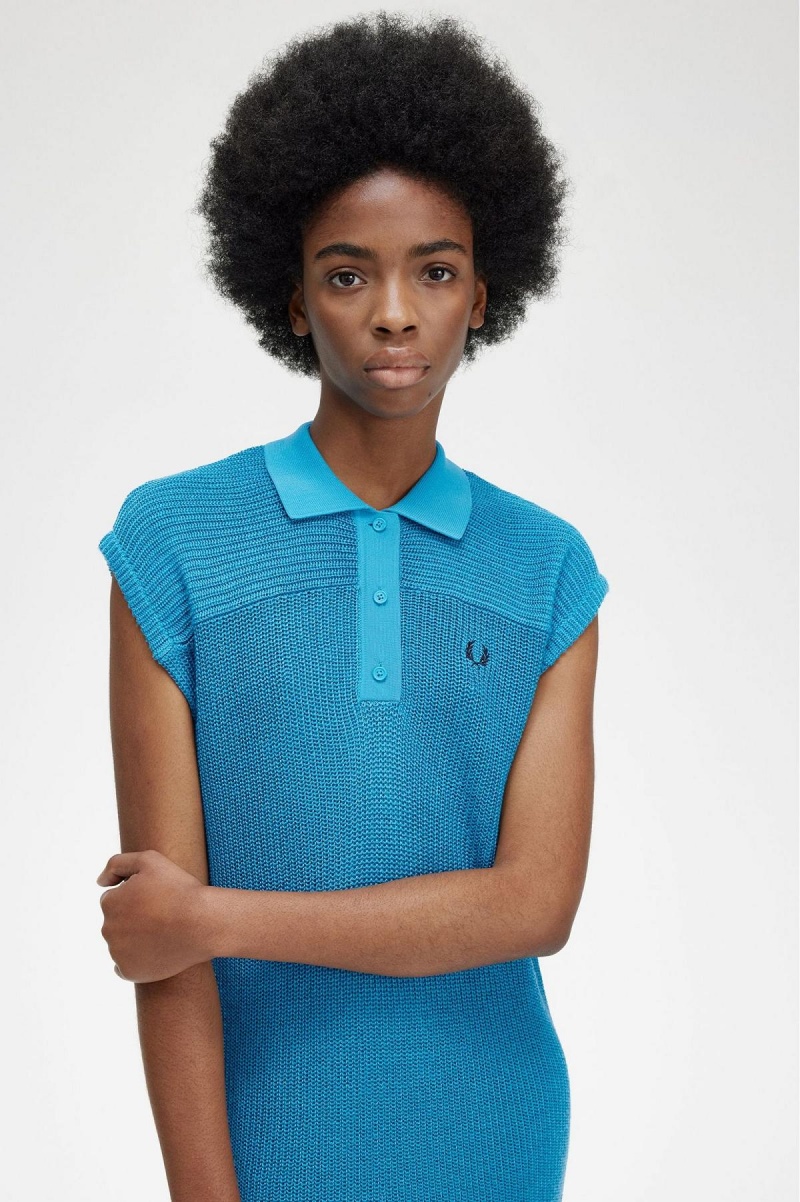 Cyber Blue Fred Perry Knitted Shirt Women's Dress | XCABH13677