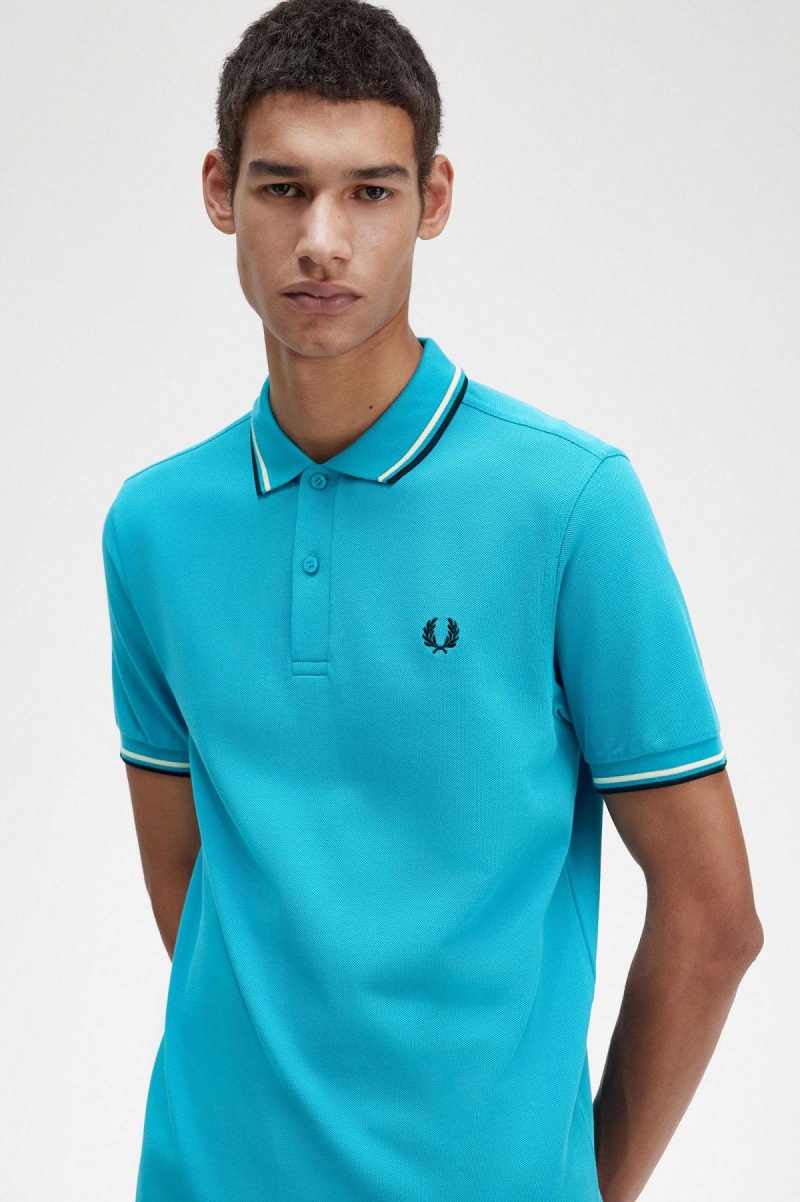 Cyber Blue / Ice Cream / Black Fred Perry M3600 Men's Polo Shirts | CAXBR39122