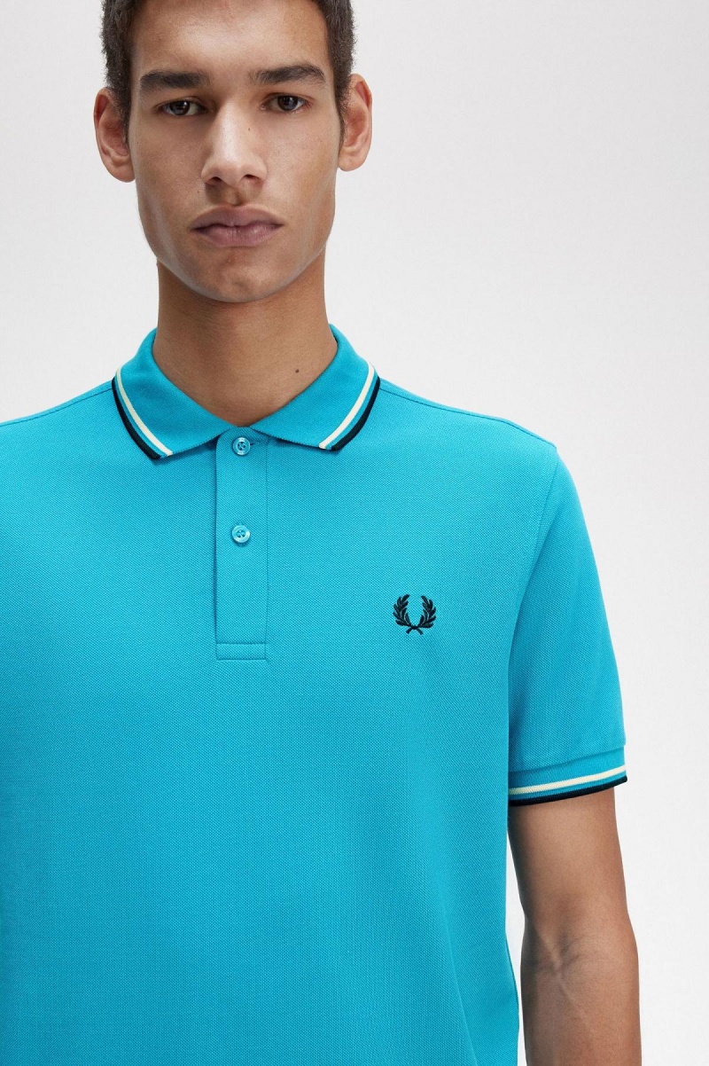 Cyber Blue / Ice Cream / Black Fred Perry M3600 Men's Polo Shirts | CAXBR39122