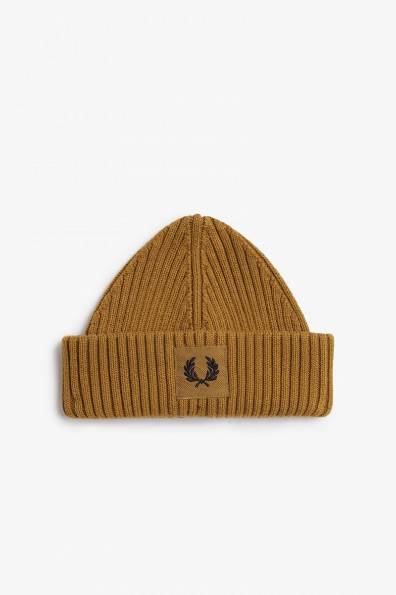 Dark Caramel / Black Fred Perry Branded Patch Ribbed Accessories Beanie | MCAHR19784