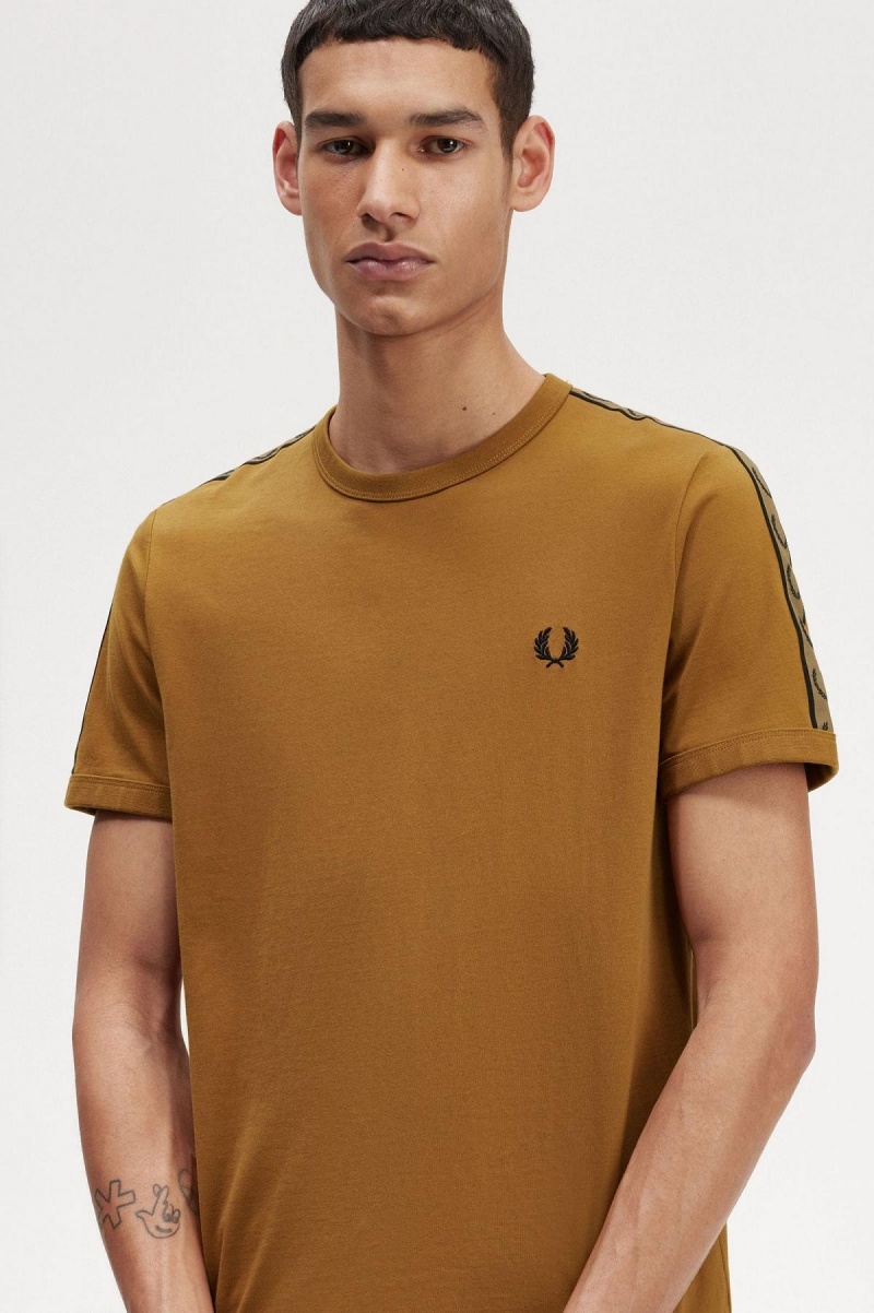 Dark Caramel / Shaded Stone Fred Perry Contrast Tape Ringer Men's T Shirts | PCAQX11636