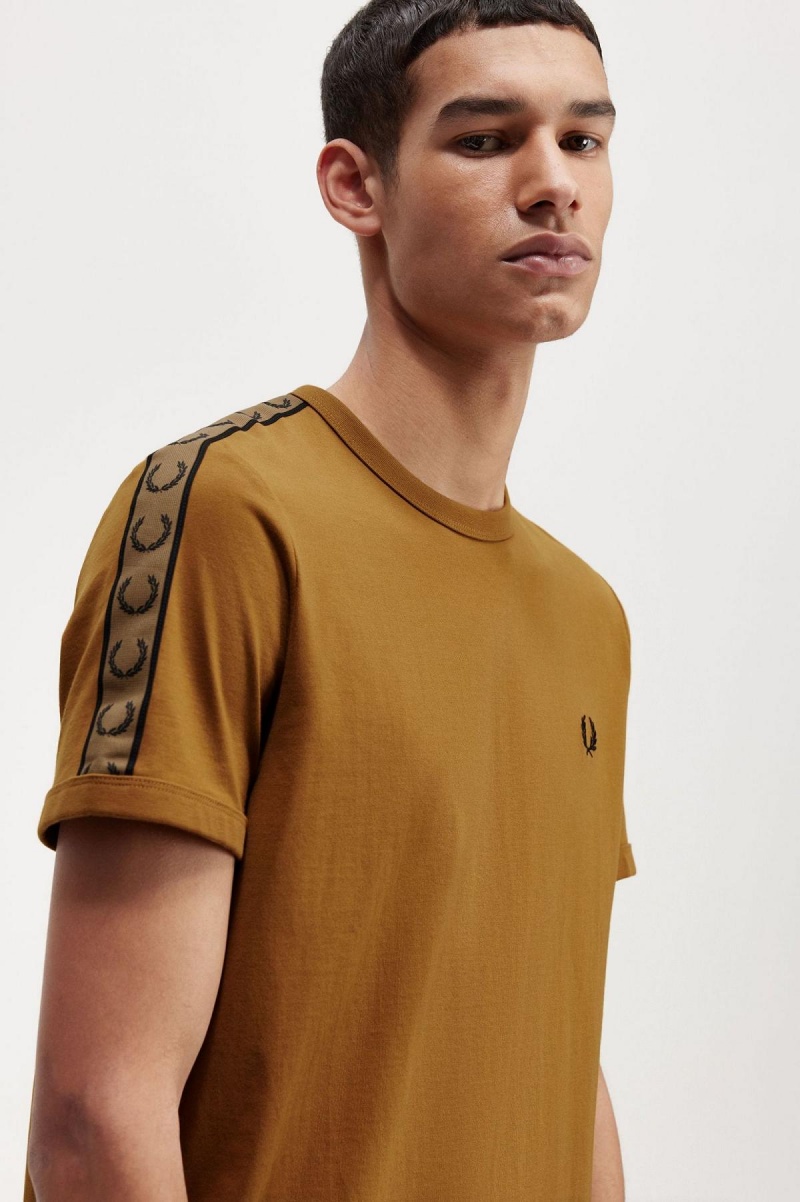 Dark Caramel / Shaded Stone Fred Perry Contrast Tape Ringer Men's T Shirts | PCAQX11636