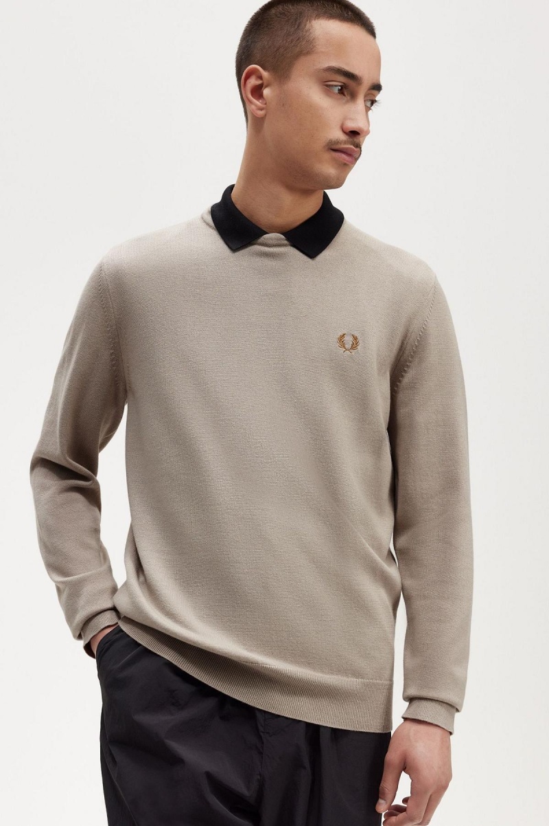 Dark Oatmeal Fred Perry Classic Crew Neck Jumper Men's Knitwear | XCAGW36797