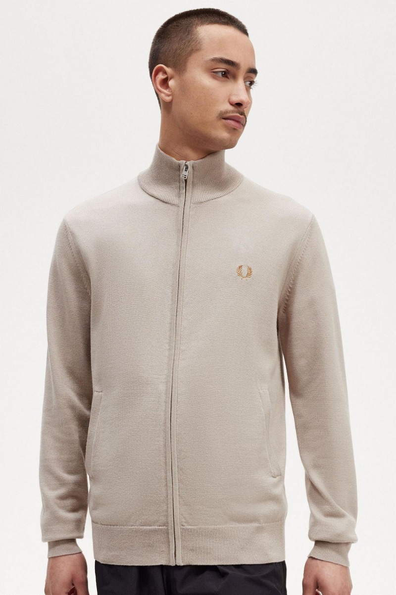 Dark Oatmeal Fred Perry Zip Through Cardigan Men's Knitwear | ZCAMJ36791