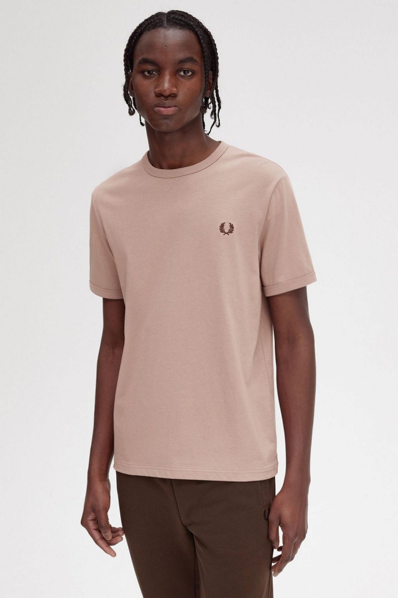 Dark Pink Fred Perry Ringer Men's T Shirts | LCATR26006