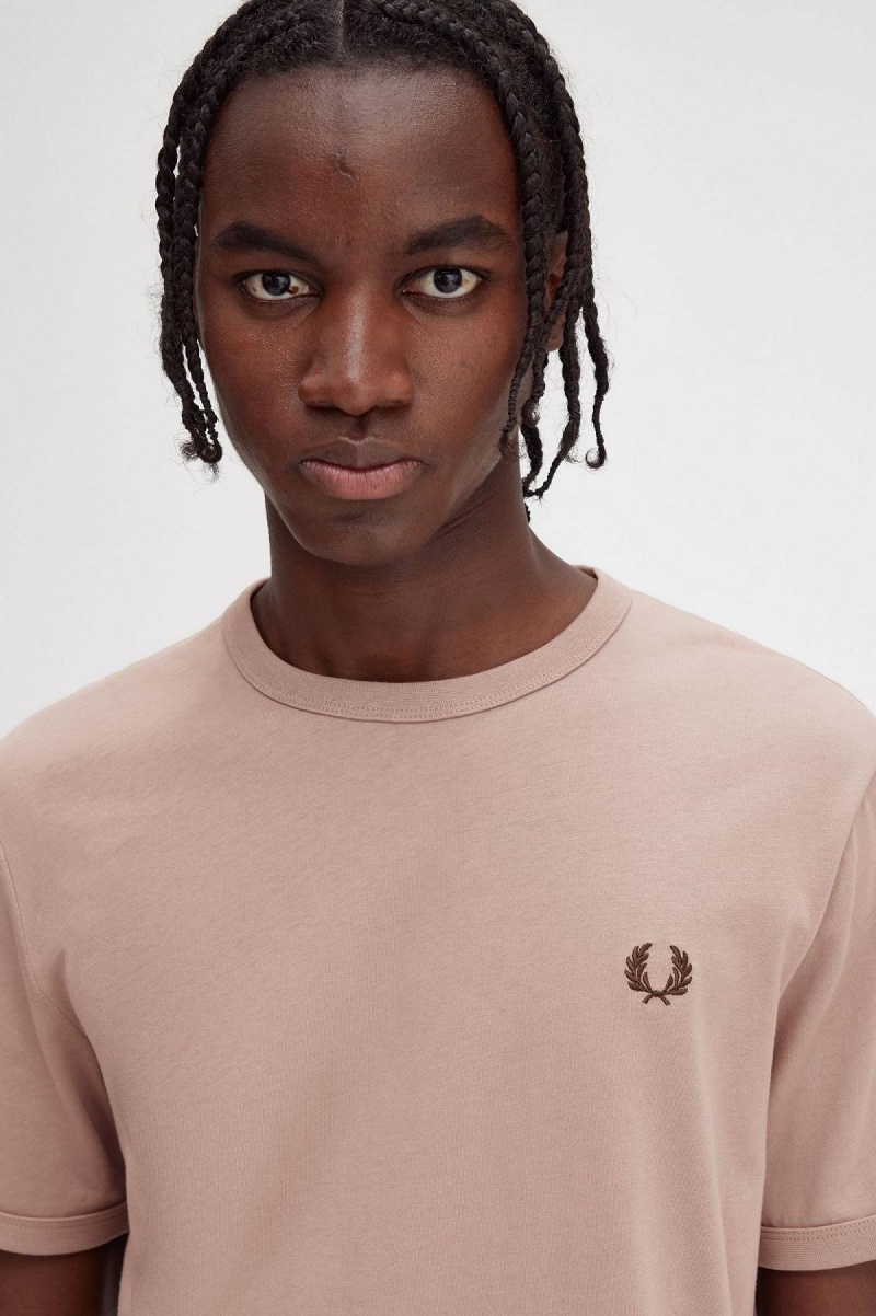 Dark Pink Fred Perry Ringer Men's T Shirts | LCATR26006