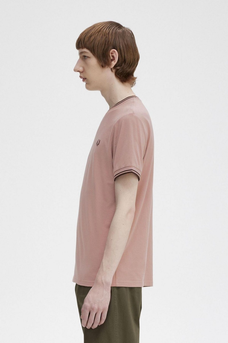 Dark Pink / Whisky Brown Fred Perry Twin Tipped Men's T Shirts | YCAVQ46432