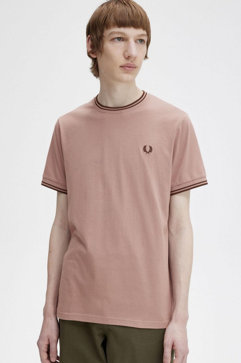 Dark Pink / Whisky Brown Fred Perry Twin Tipped Men's T Shirts | YCAVQ46432