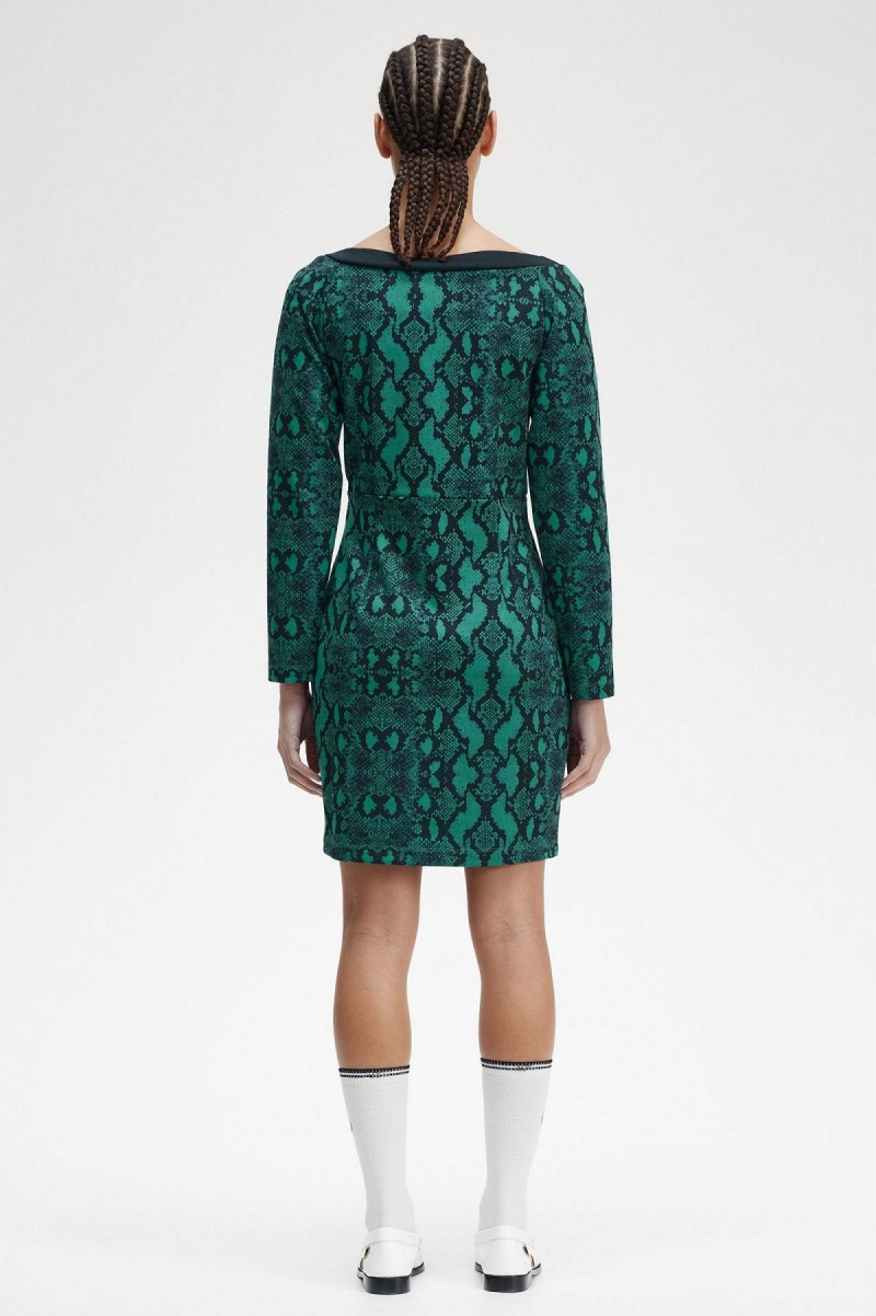 Deep Mint Fred Perry Off-the-Shoulder Snakeprint Women's Dress | CAJKU10200