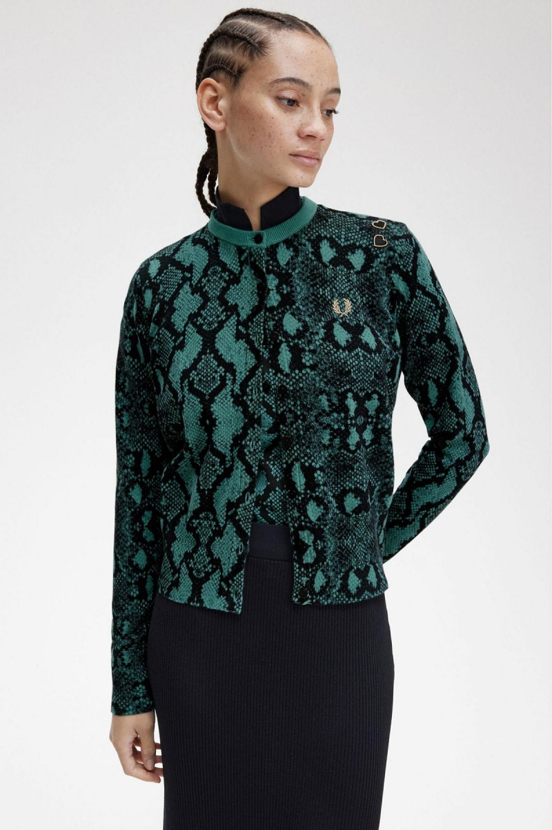 Deep Mint Fred Perry Snake Print Cardigan Women's Knitwear | ECAVG94336