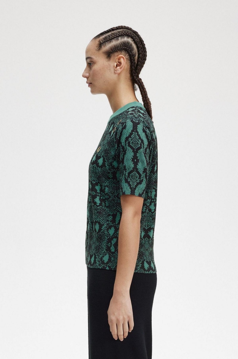 Deep Mint Fred Perry Snake Print Jumper Women's Knitwear | ACAWC44379