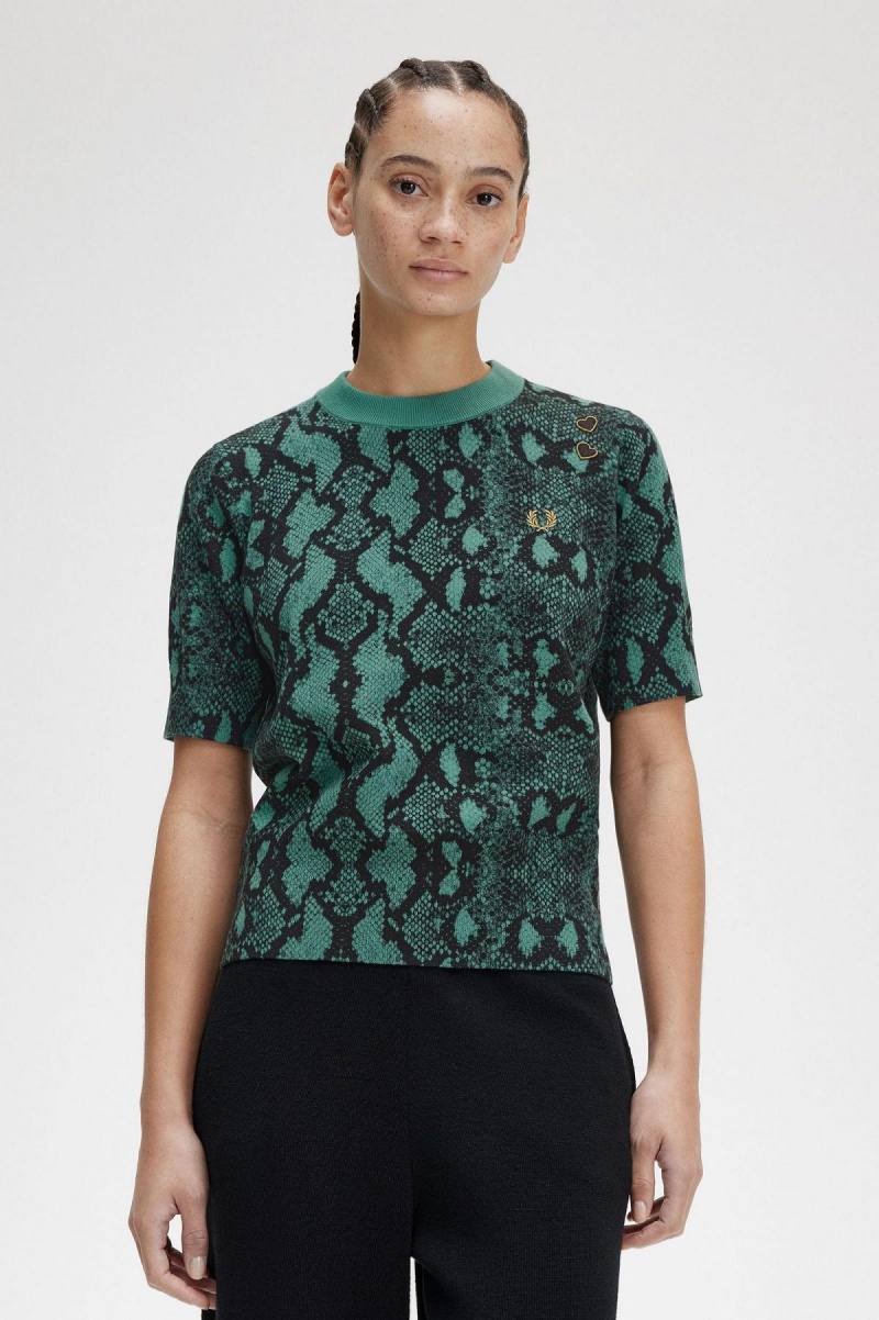 Deep Mint Fred Perry Snake Print Jumper Women's Knitwear | ACAWC44379