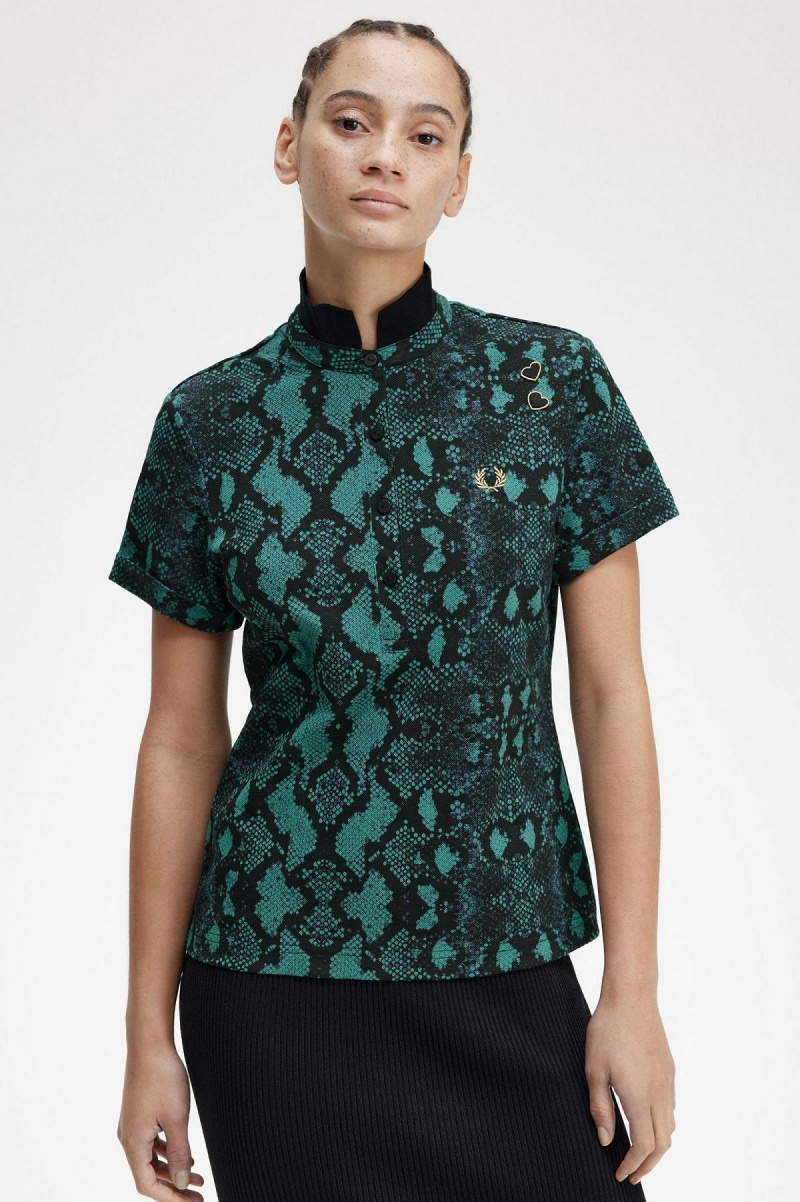 Deep Mint Fred Perry Snake Print Women's Polo Shirts | CAIIZ37444