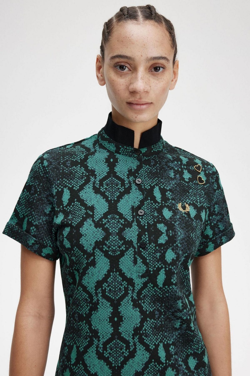 Deep Mint Fred Perry Snake Print Women's Polo Shirts | CAIIZ37444