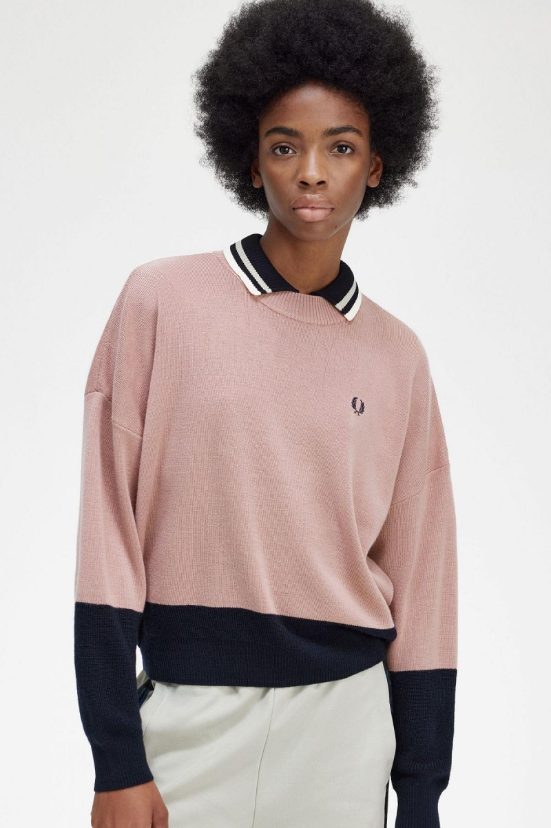 Dusty Rose Pink Fred Perry Colour Block Jumper Women's Knitwear | CAICD77425