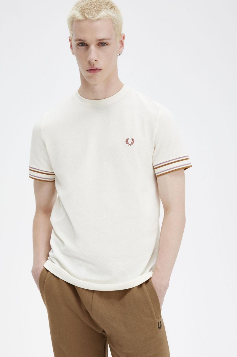 Ecru Fred Perry Bold Tipped Piqué Men's T Shirts | CANZX59563