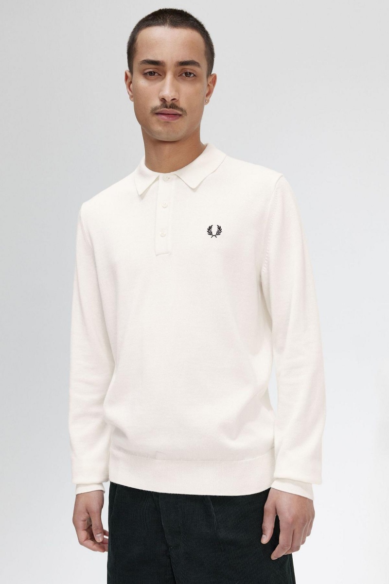 Ecru Fred Perry Long Sleeve Knitted Shirt Men's Knitwear | PCAER76144