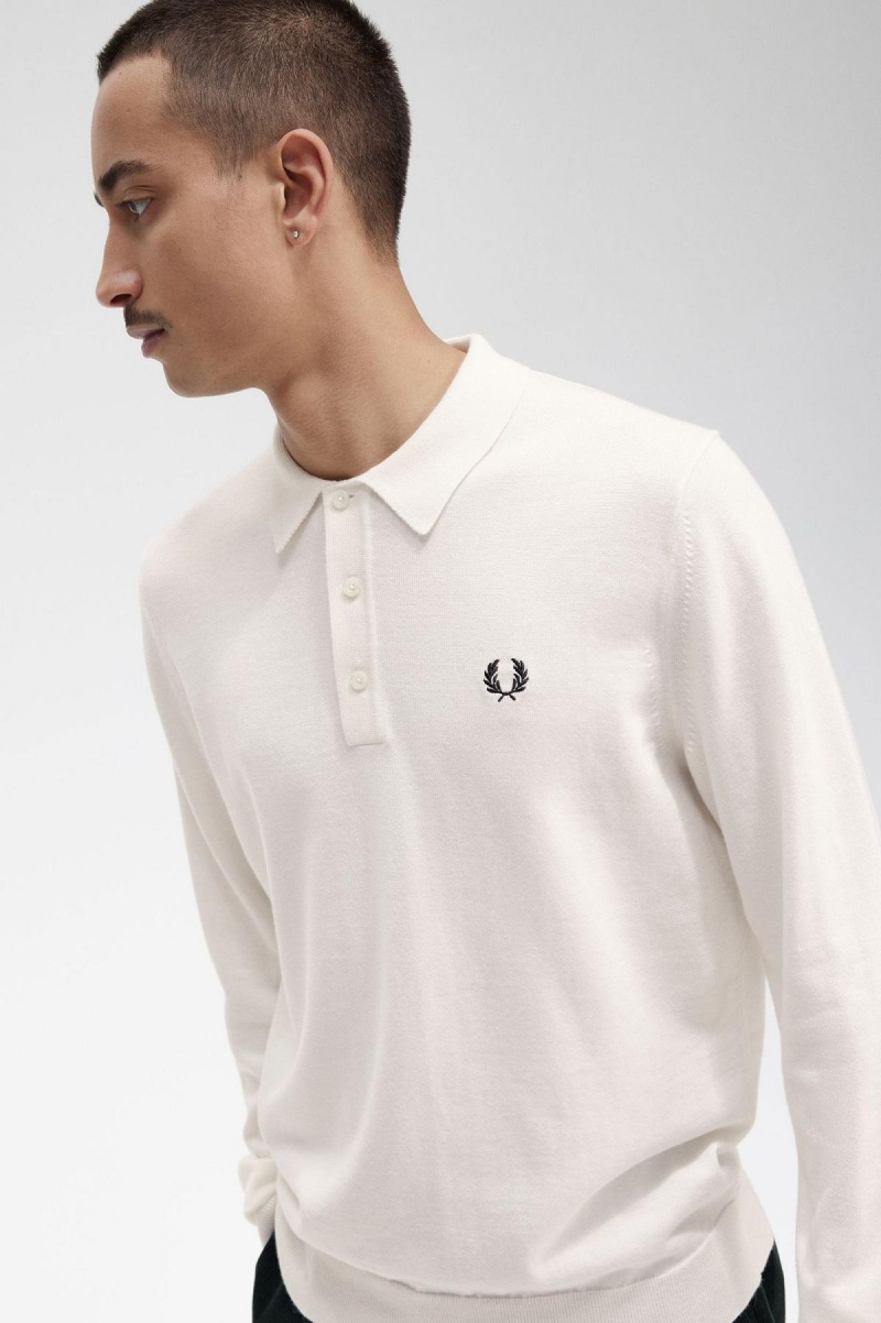 Ecru Fred Perry Long Sleeve Knitted Shirt Men's Knitwear | PCAER76144