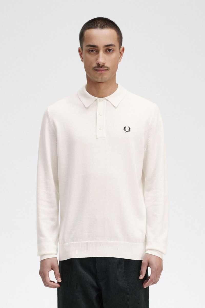 Ecru Fred Perry Long Sleeve Knitted Shirt Men\'s Knitwear | PCAER76144