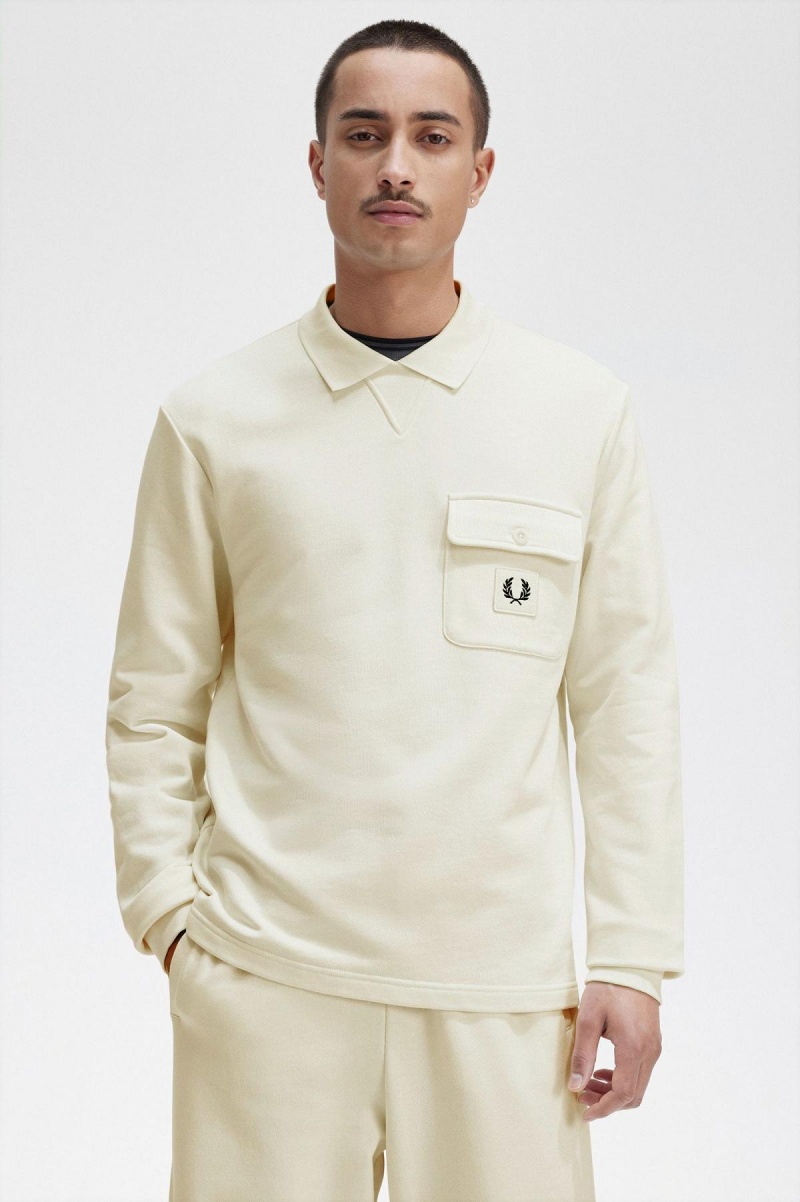 Ecru Fred Perry Long Sleeve Loopback Men's Sweatshirts | FCAHY59956