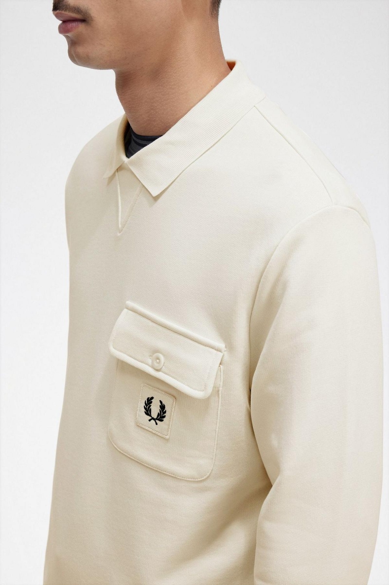 Ecru Fred Perry Long Sleeve Loopback Men's Sweatshirts | FCAHY59956