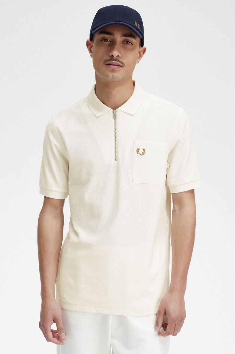 Ecru Fred Perry Textured Zip Neck Polo Shirt Men's Polo Shirts | CACVG16609