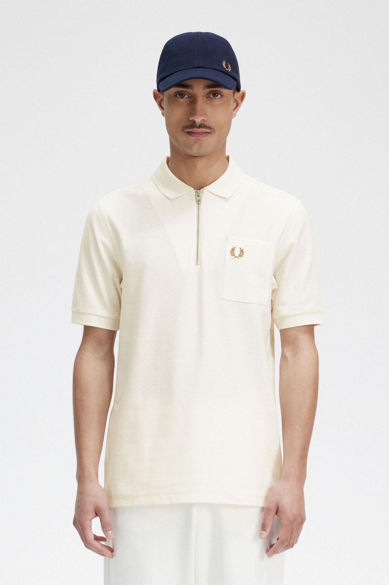 Ecru Fred Perry Textured Zip Neck Polo Shirt Men\'s Polo Shirts | CACVG16609