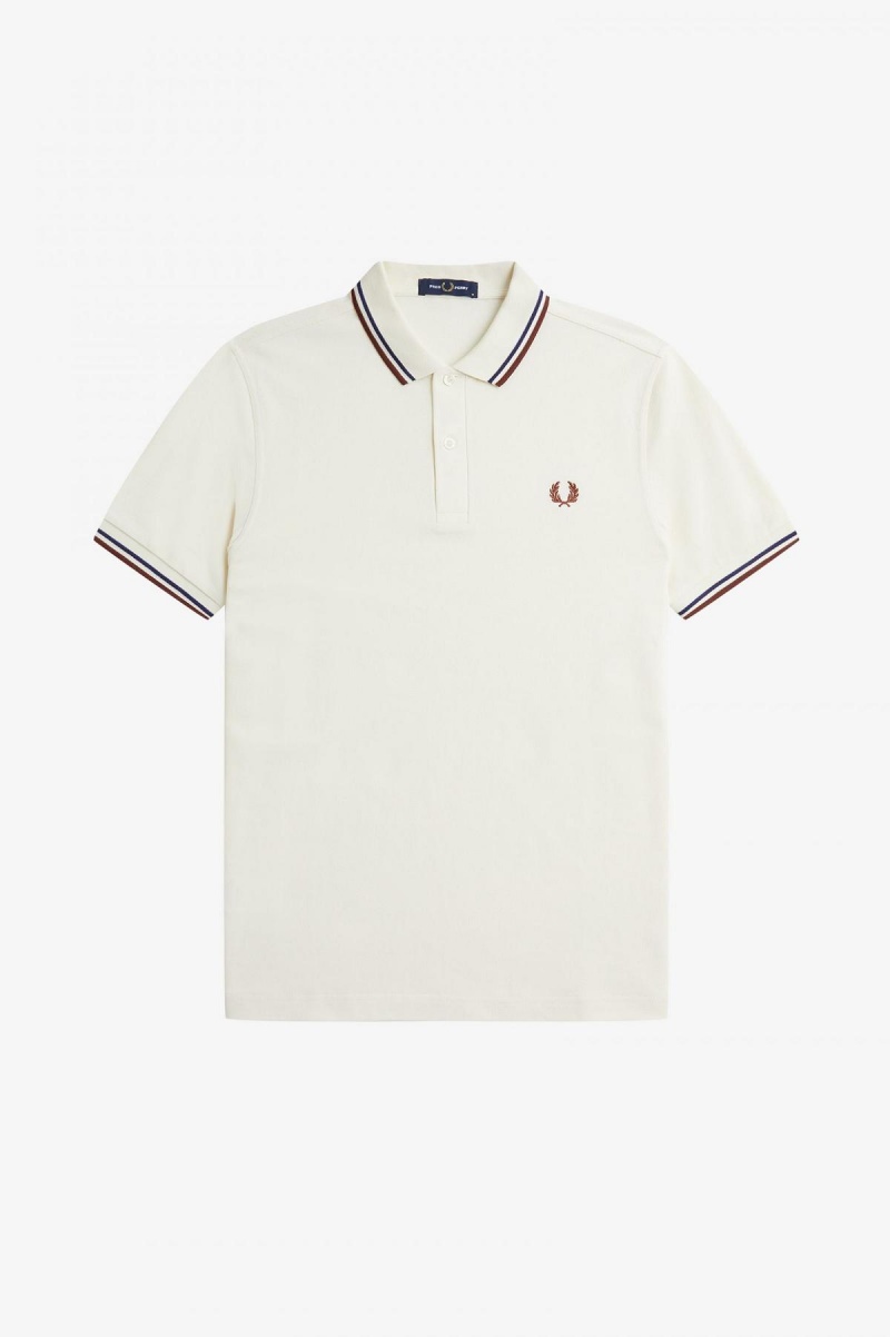 Ecru / French Navy / Whisky Brown Fred Perry M3600 Men's Fred Perry Shirt | LCATR47981