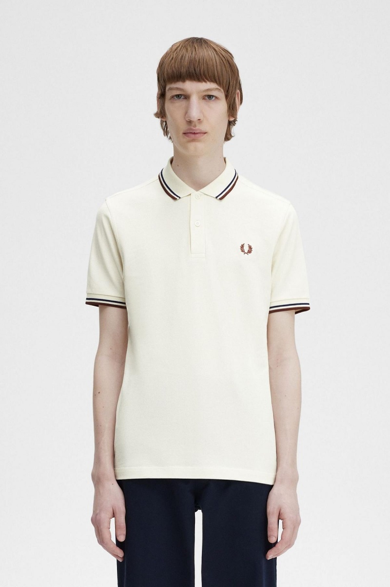 Ecru / French Navy / Whisky Brown Fred Perry M3600 Men's Fred Perry Shirt | LCATR47981