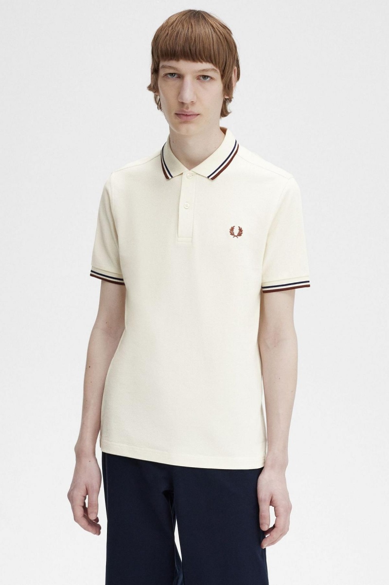 Ecru / French Navy / Whisky Brown Fred Perry M3600 Men's Polo Shirts | FCAHY97482