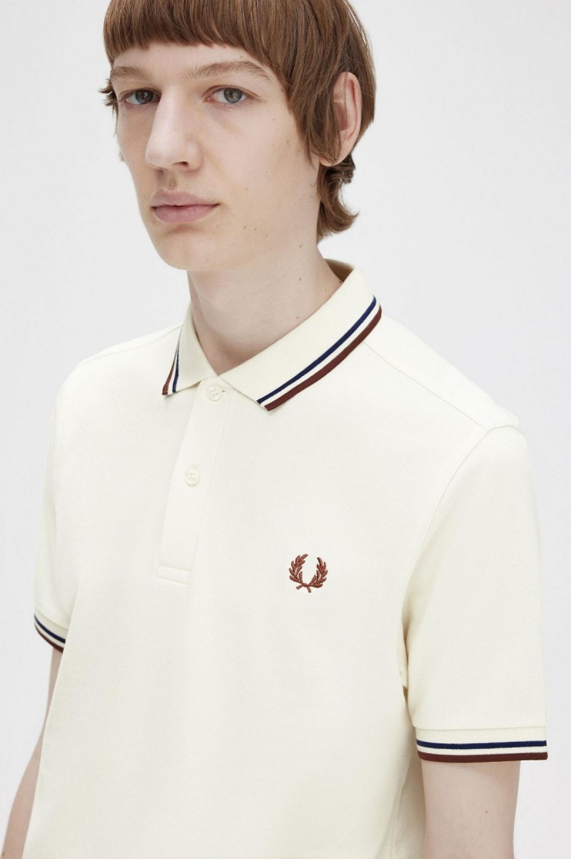 Ecru / French Navy / Whisky Brown Fred Perry M3600 Men's Polo Shirts | FCAHY97482