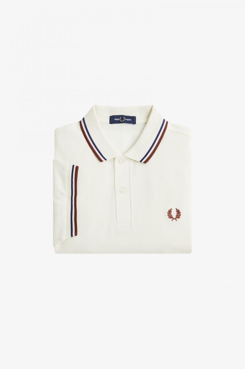 Ecru / French Navy / Whisky Brown Fred Perry M3600 Men's Polo Shirts | FCAHY97482