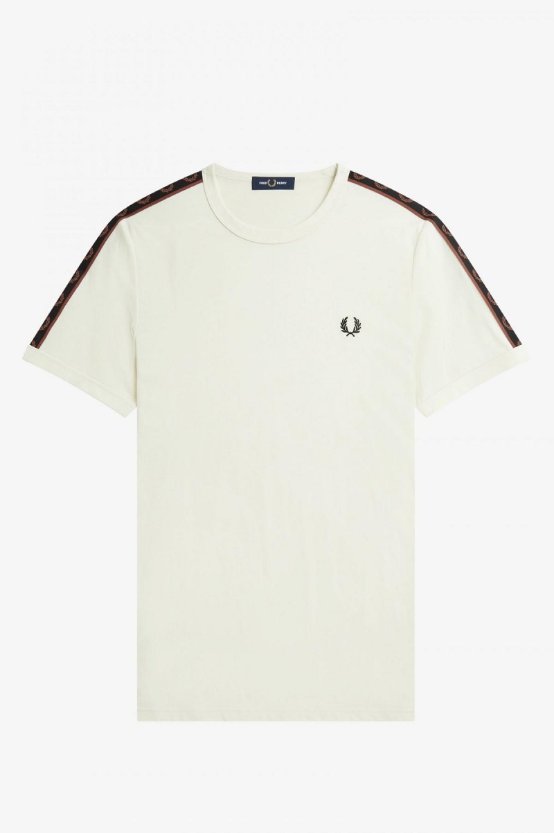 Ecru / Whisky Brown Fred Perry Contrast Tape Ringer Men's T Shirts | QCAWA78463