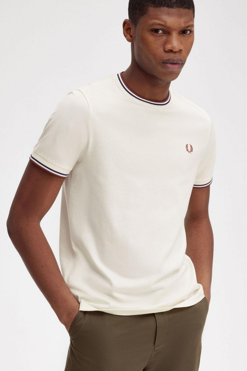 Ecru / Whisky Brown Fred Perry Twin Tipped Men's T Shirts | CAQAV69530