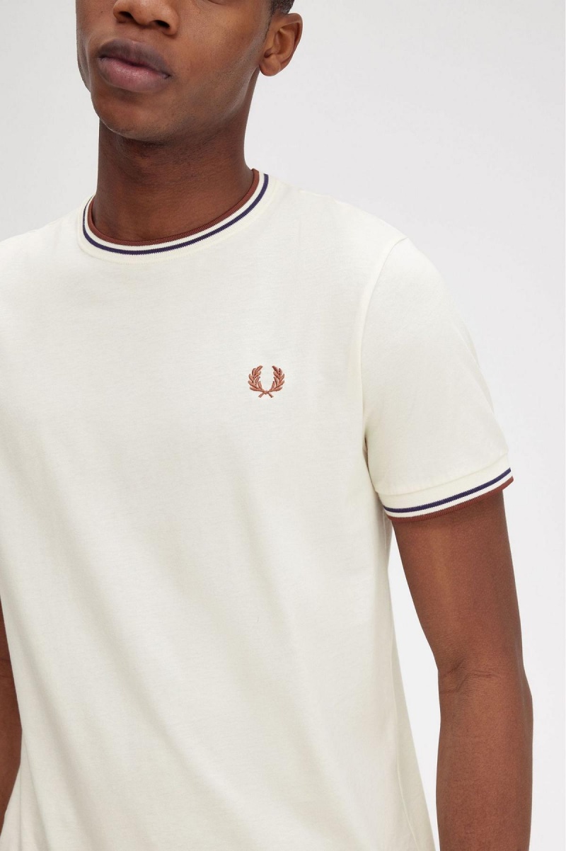 Ecru / Whisky Brown Fred Perry Twin Tipped Men's T Shirts | CAQAV69530